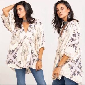 Free People Girl Talk Printed Tunic Top V-Neck 3/4 Blouson Sleeve Ivory S